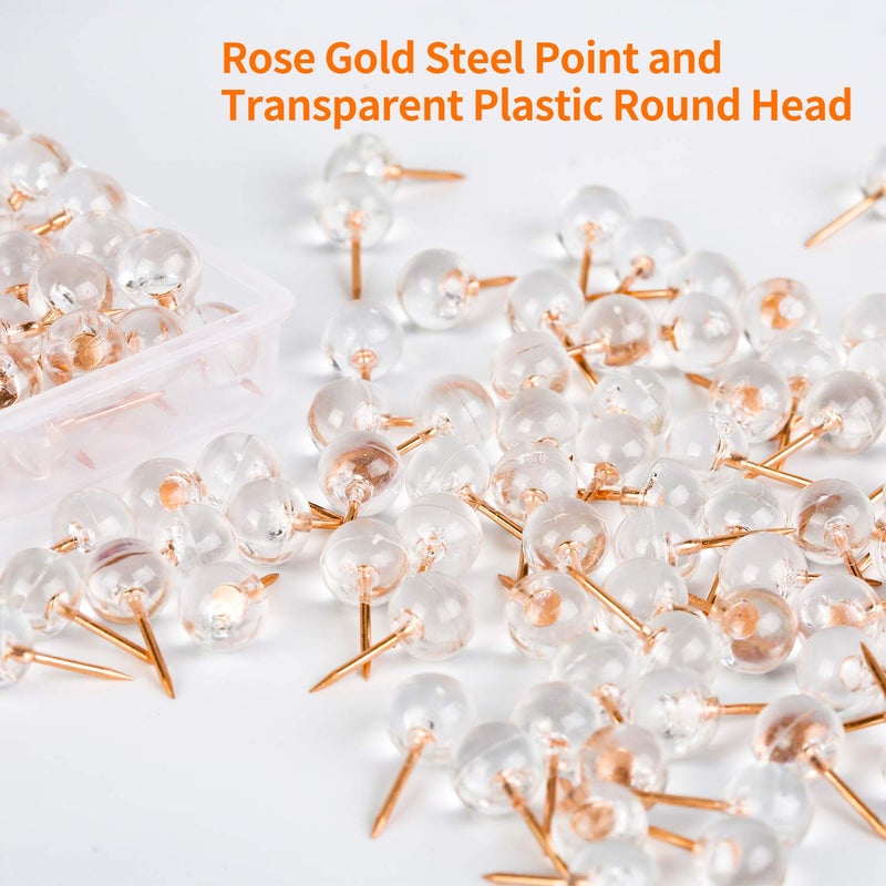 WenTao 150PCS Push Pins, Rose Gold Map Thumb Tacks, Large Size Pins Rose Gold Steel Point and Transparent Plastic Round Head for Bulletin Board, Fabric Marking, Crafts and Office Organization - Image 2